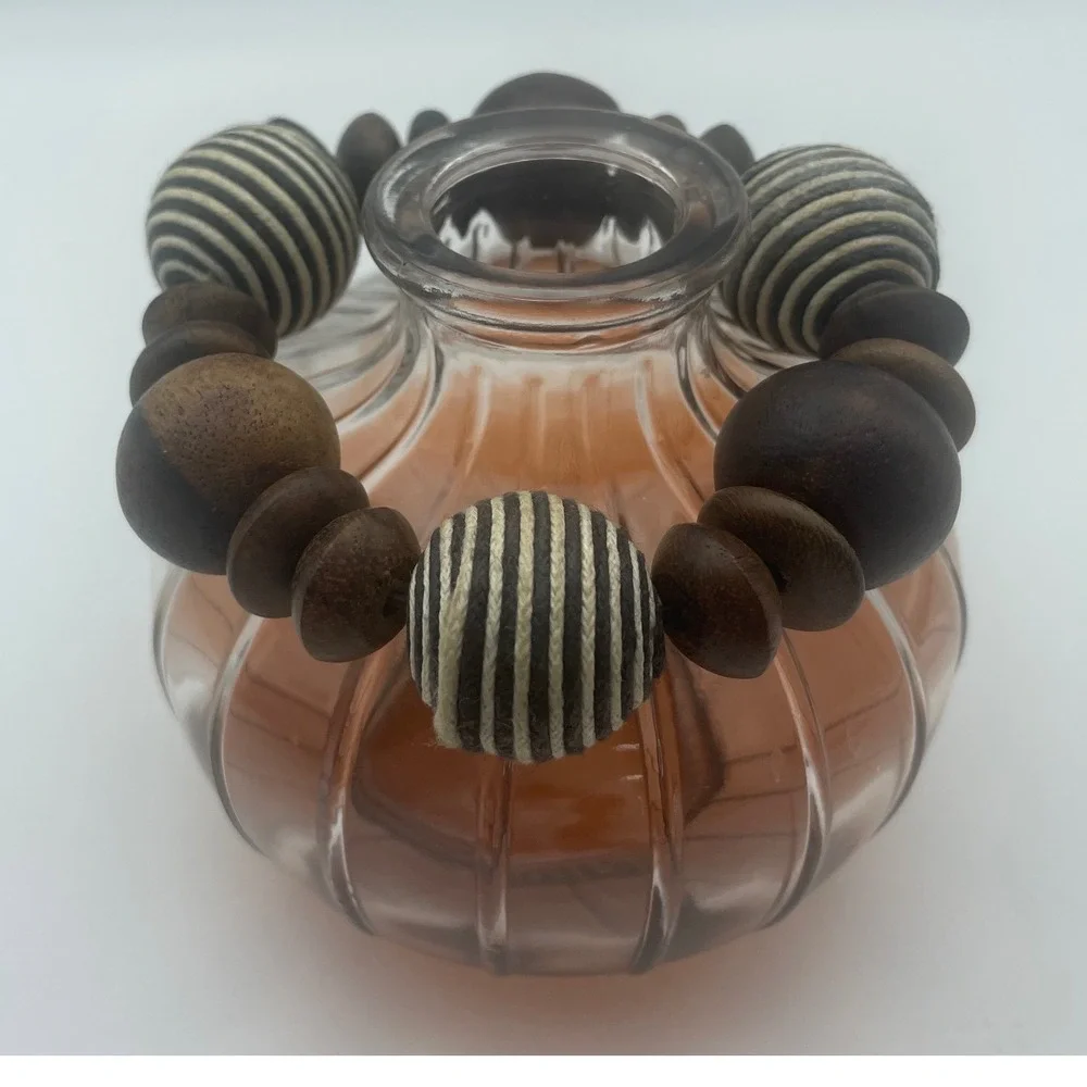 2 Vintage Boho Wood Bead Statement bracelet Black white Striped large Beads 70's